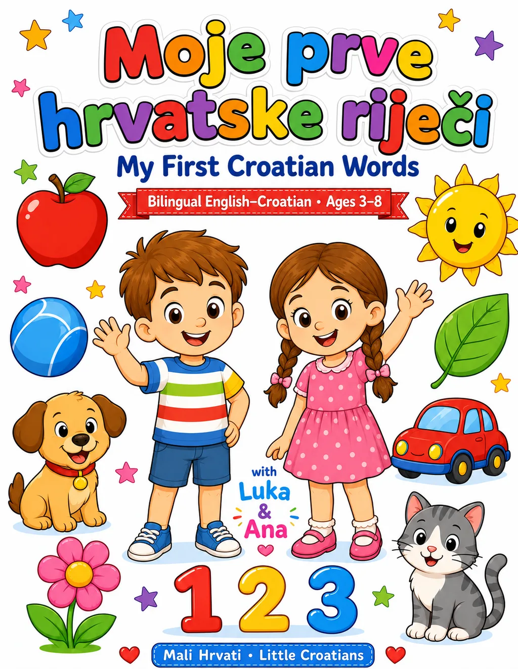 Cover of My First Croatian Words — Moje prve hrvatske riječi coloring book with Luka and Ana